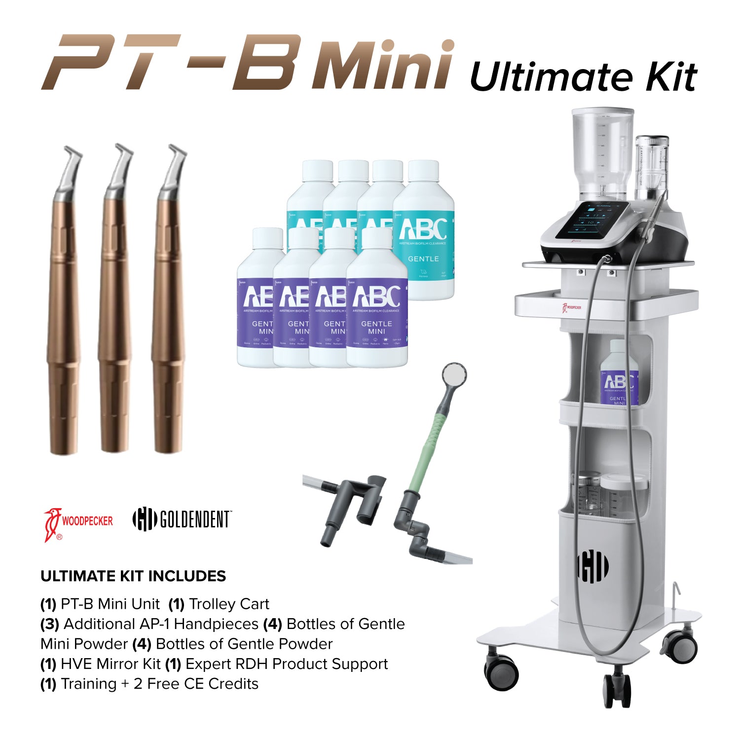 Woodpecker PT-B Mini Desktop Dental Air Polisher - Heated Water & Wireless Foot Pedal - Woodpecker - GoldenDent